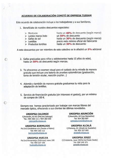 comitÉ de empresa tussam acuerdo de colaboración con Óptica uniopsa