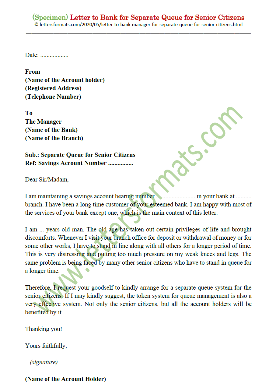Letter to Bank Manager for Separate Queue for Senior Citizens