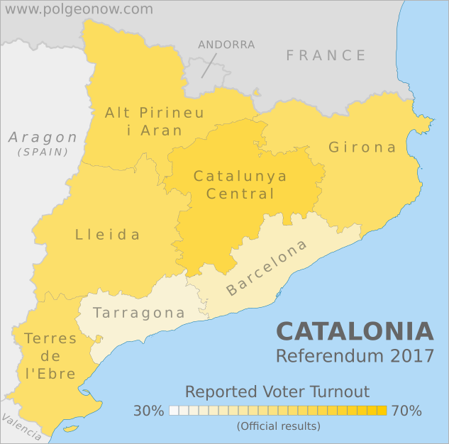 2017 Catalonia independence referendum voter turnout map. This map shows voter turnout by region (vegueria) in the October 1 Catalan vote on independence from Spain. Colorblind accessible.