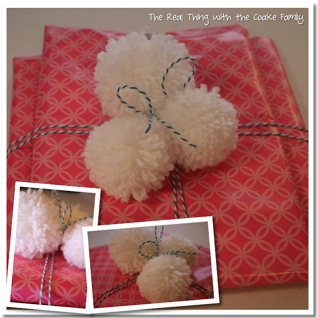 Gift wrap idea using adorable pom poms. #GiftWrap #Gifts #PomPoms #RealCoake