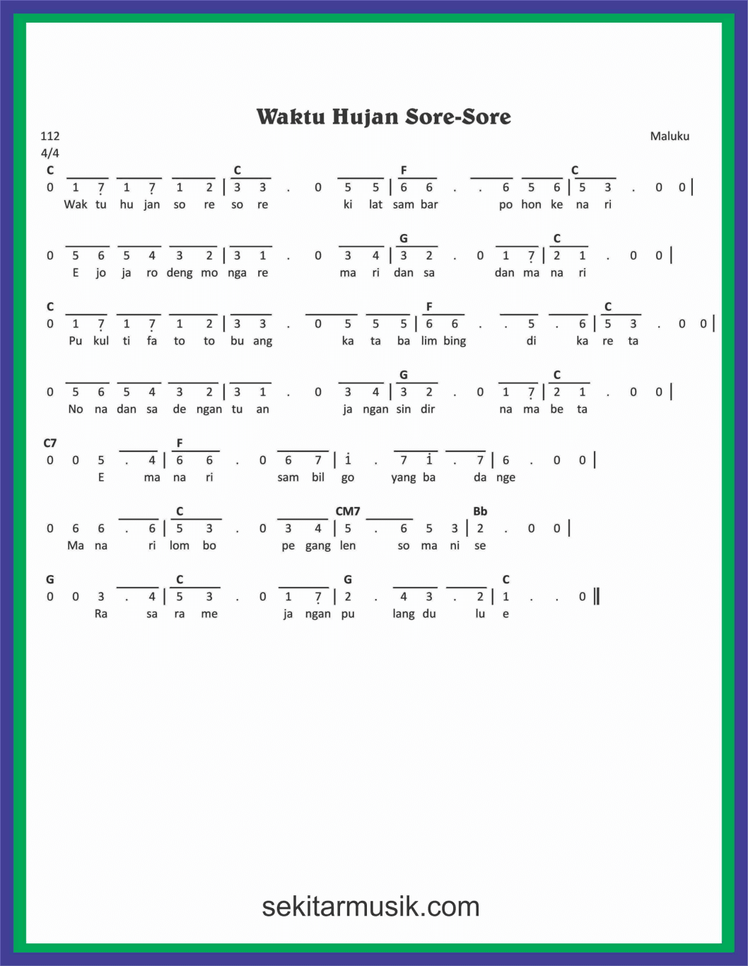 Not Angka Lagu Waktu Hujan Sore Sore Sekitar Musik