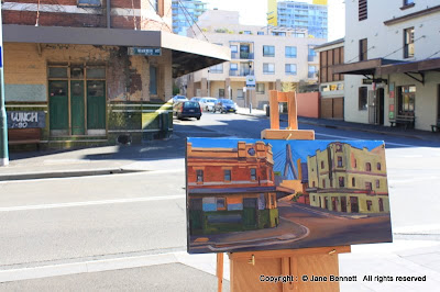 plein air oil painting of the Terminus Hotel and the Point Hotel, Harris Street Pyrmont painted by industrial heritage artist Jane Bennett