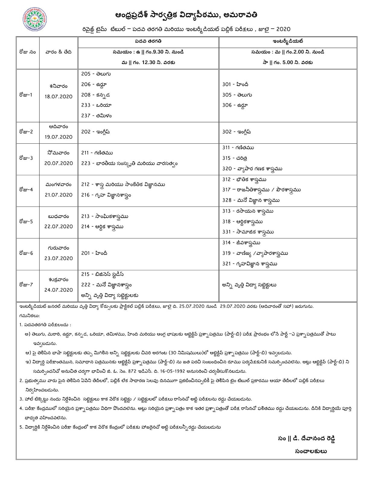 ap open school society 10th, inter july-aug 2020 revised exam time table