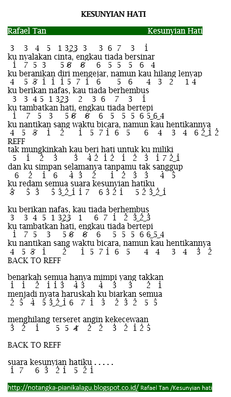 Not Angka Pianika Lagu Rafael Tan Kesunyian Hati Not Angka