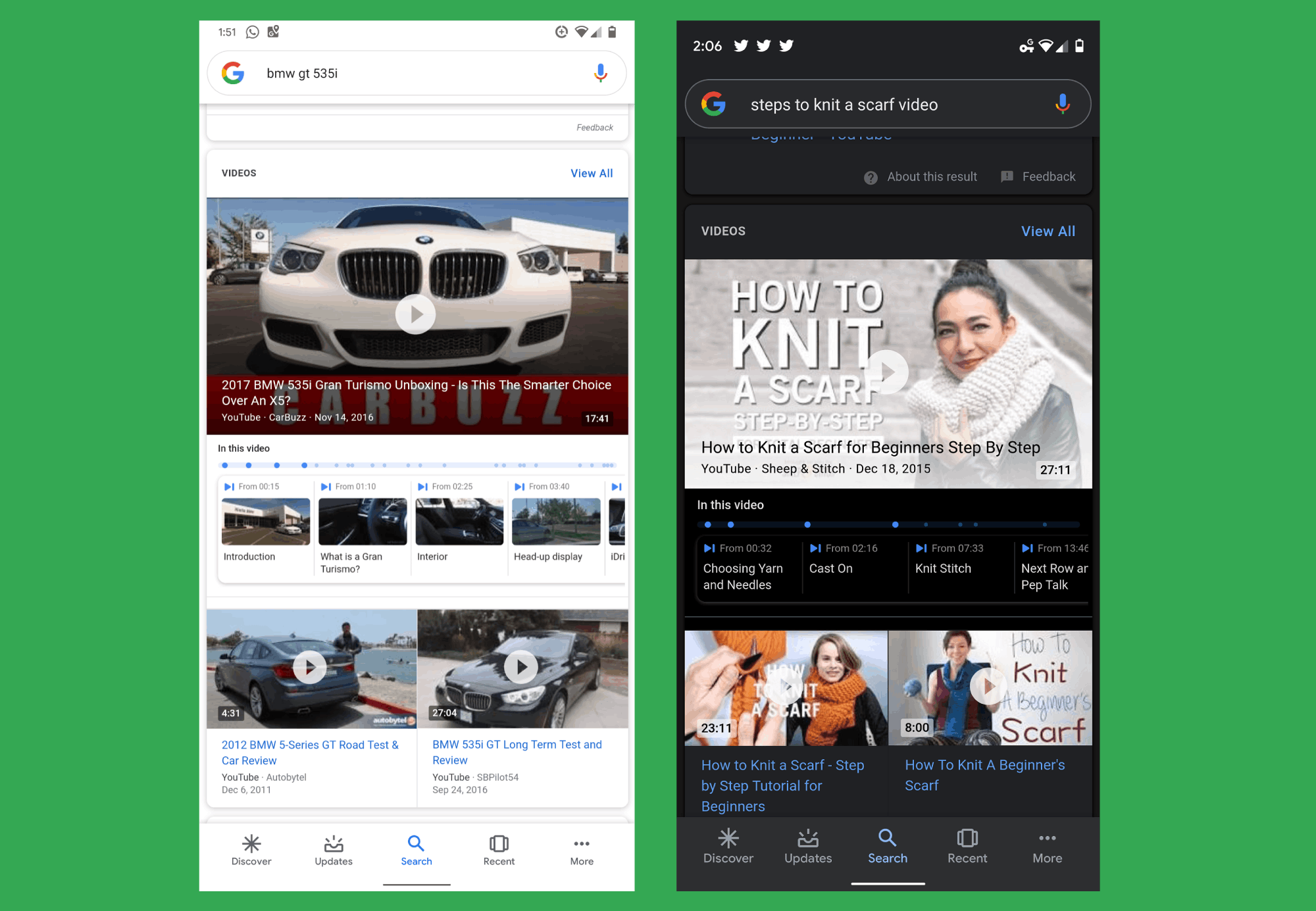 Google mobile app shows 'in this video' bookmarks for YouTube videos search results