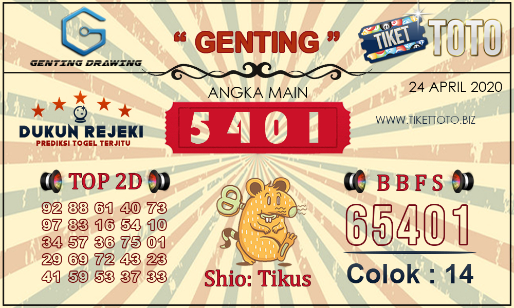 Prediksi Togel GENTING DRAWING TIKETTOTO 24 APRIL 2020