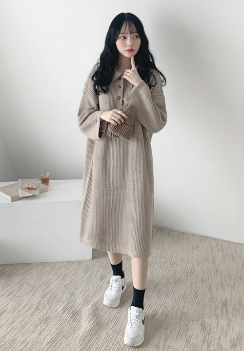 [Dejou] Long Knit Polo Dress | KSTYLICK - Latest Korean Fashion | K-Pop ...