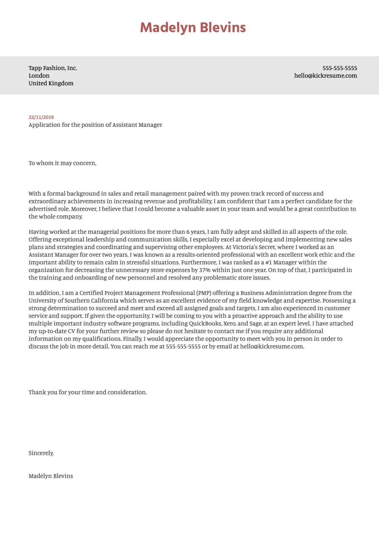 Cover Letter Template Retail Manager ~ Resume Letter