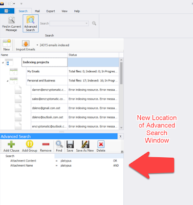 Screen image showing the location of email Advanced Search in MailDex software.