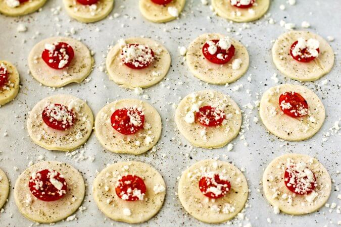 Puff Pastry Tomato and Goat Cheese Pizzettes before baking