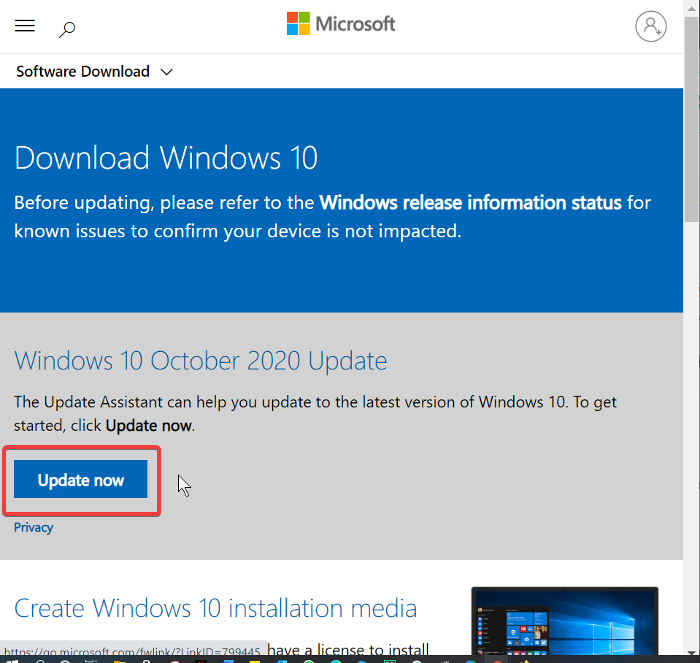 aggiorna ora dalla pagina di download del software di Windows