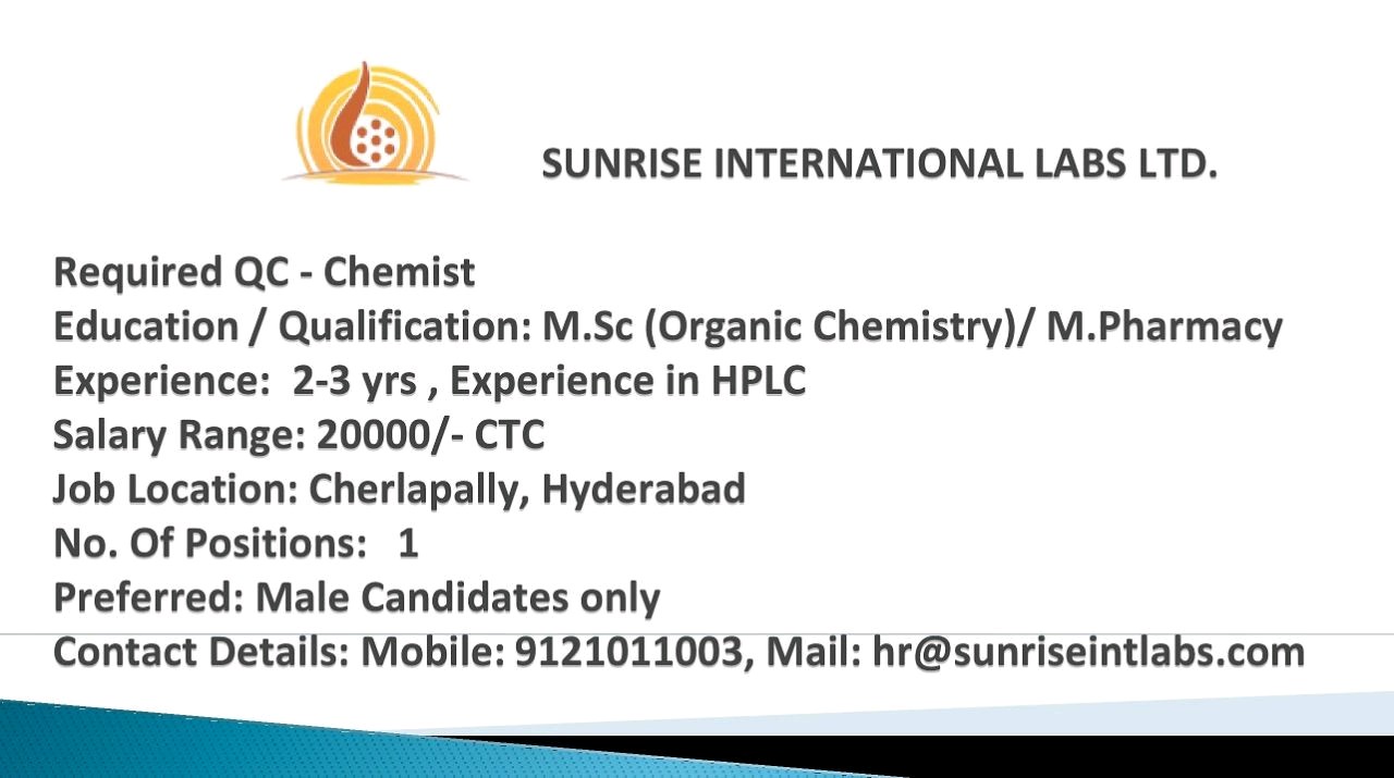 Sunrise International Labs Hiring QC Chemist for Hyderabad Location