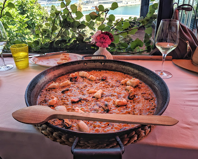 Paella at Barcelona's Martinez Paella and a sea view at Martinez in Barcelona, Spain