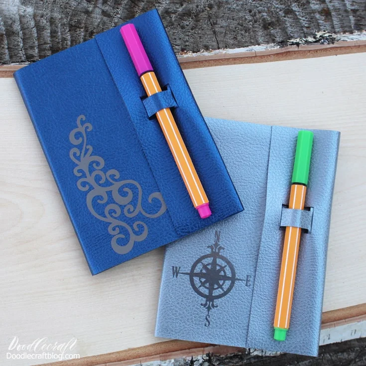 Leather notebook covers journals cut and personalized with the Cricut Maker and vinyl