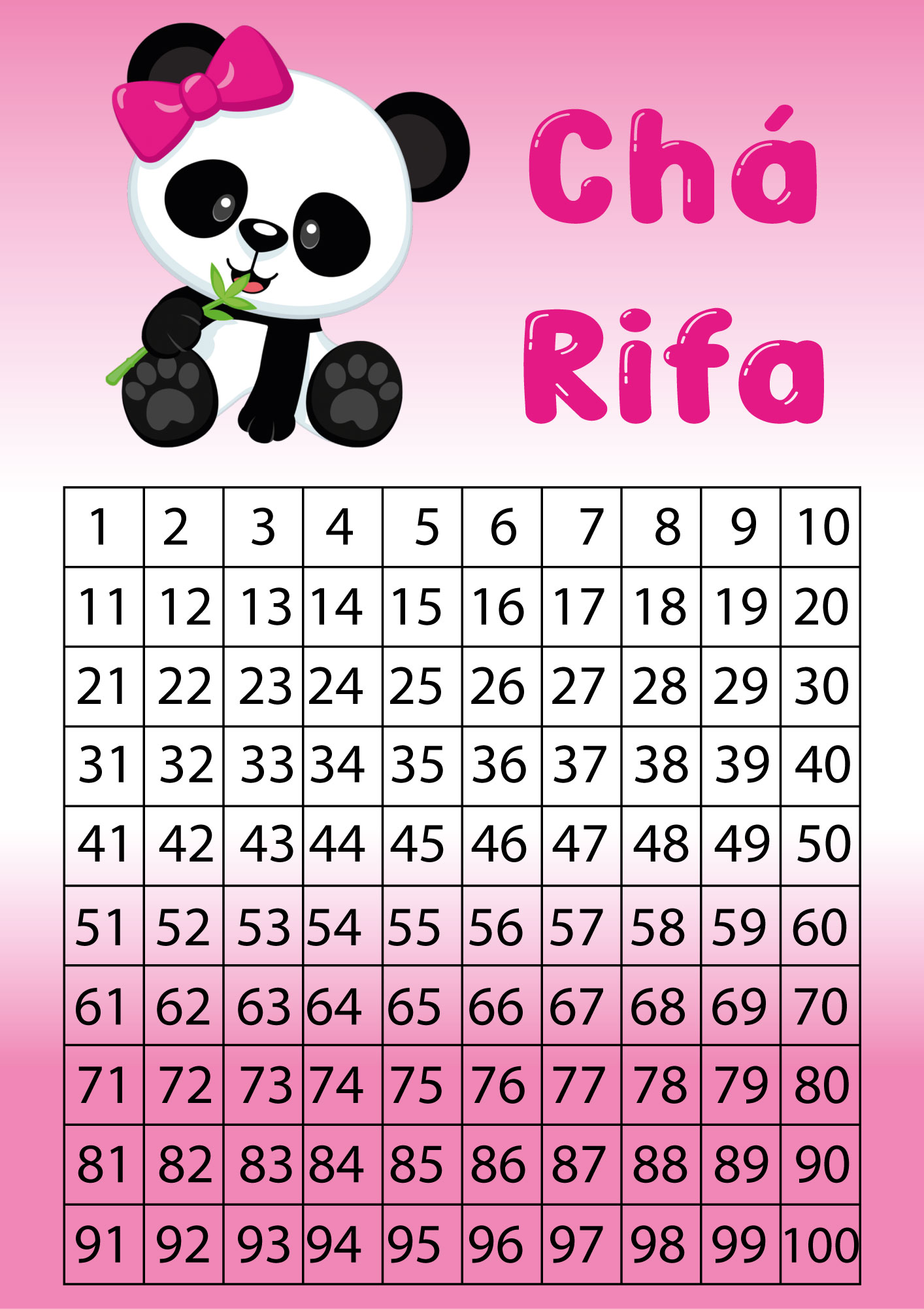 Cartel Rifa 100 Numeros Cartela chá rifa Panda