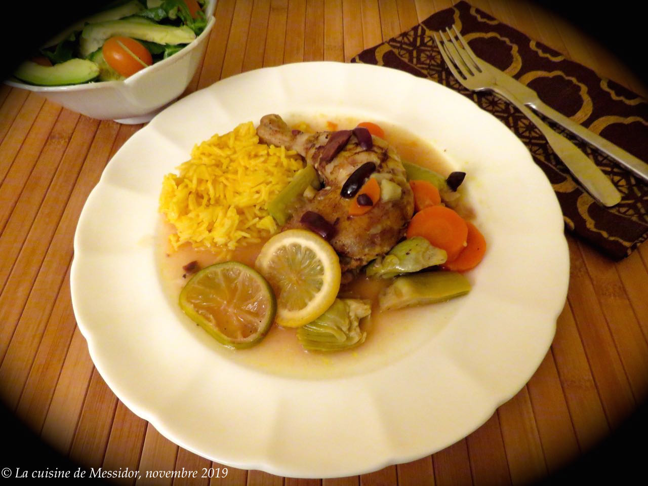 La cuisine de Messidor Poulet aux olives, artichauts et citrons