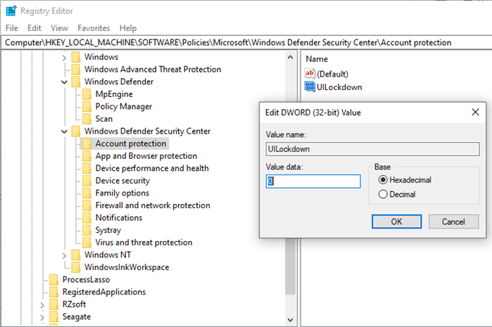 Configuración del registro para el acceso de seguridad de Windows