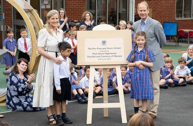 The Countess of Wessex wore a new cotton summer stripe midi dress from ME+EM. Pre-Prep and Music School at Eagle House