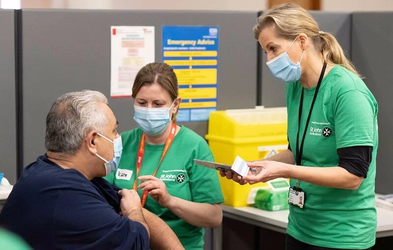 Countess of Wessex completed her first shift as a St John Ambulance Care Volunteer at a National Health Service vaccination centre