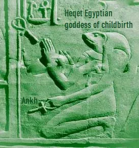 Heqet the Egyptian goddess of childbirth holding an ankh.