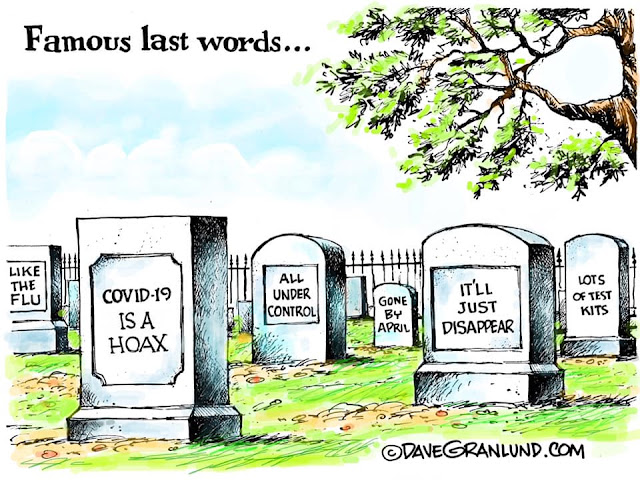 Title:  Famous Last Words.  Image:  Graveyard with tombstones reading, 