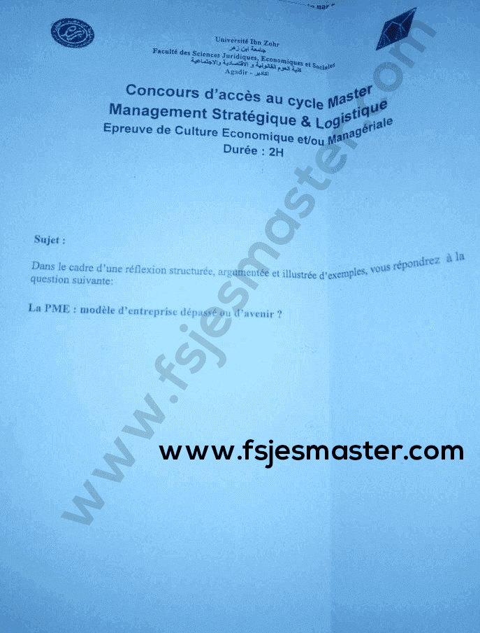 Exemple Concours Master Management Stratégique et Logistique  Fsjes