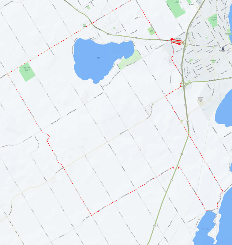 A map for driving the country roads around Orillia.
