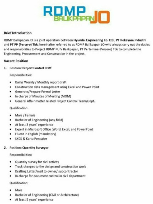 Lowongan Kerja JO RDMP Balikpapan Pertamina RU V - RUANG-SIPIL