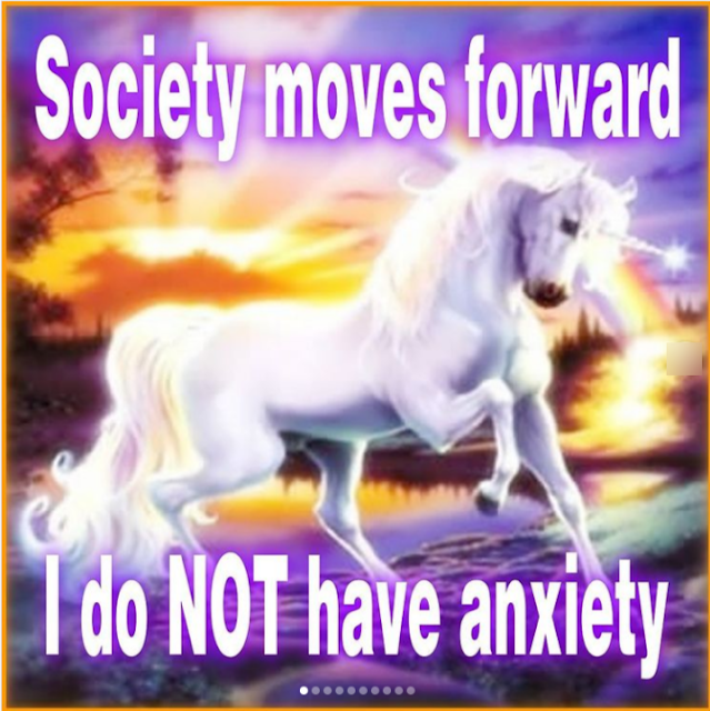 A meme that says "society moves forward, I do NOT have anxiety" with an aggressively cheerful picture of a unicorn in front of a sunset.