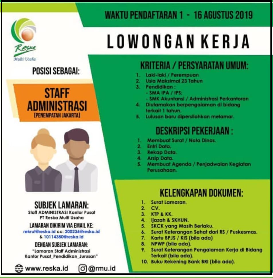 Loker SMA/SMK Terbaru Staff Administrasi Agustus 2019