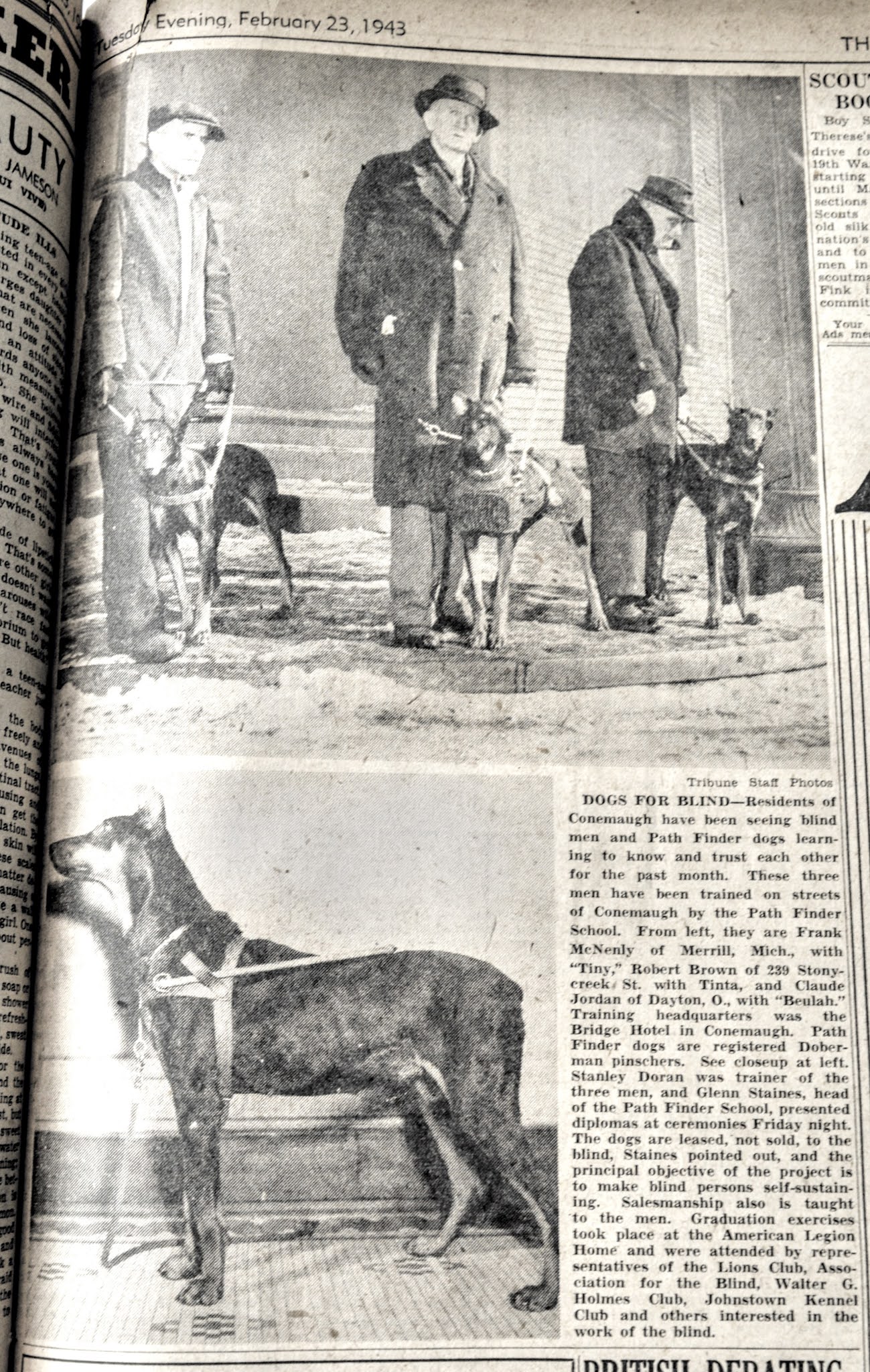Vintage Johnstown DOGS FOR BLIND 23 February 1943 The Johnstown