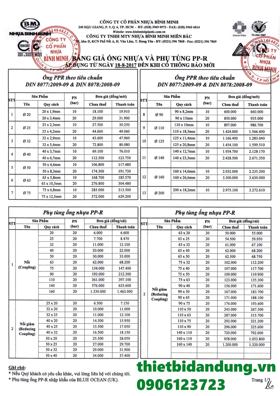 Bảng giá ống nhựa Bình Minh chịu nhiệt PPR chiết khấu cao 2019 tại TPHCM