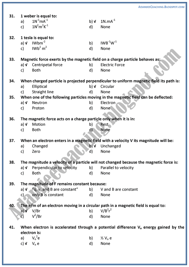Adamjee Coaching XII Physics MCQS and
