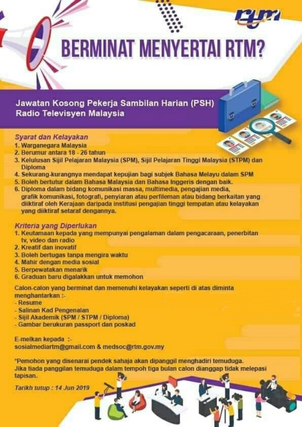 Jawatan Kosong Pekerja Sambilan Harian Psh Radio Televisyen Malaysia Rtm Tarikh Tutup 14 Jun 2019 Jawatan Kosong Kerajaan 2020 Terkini