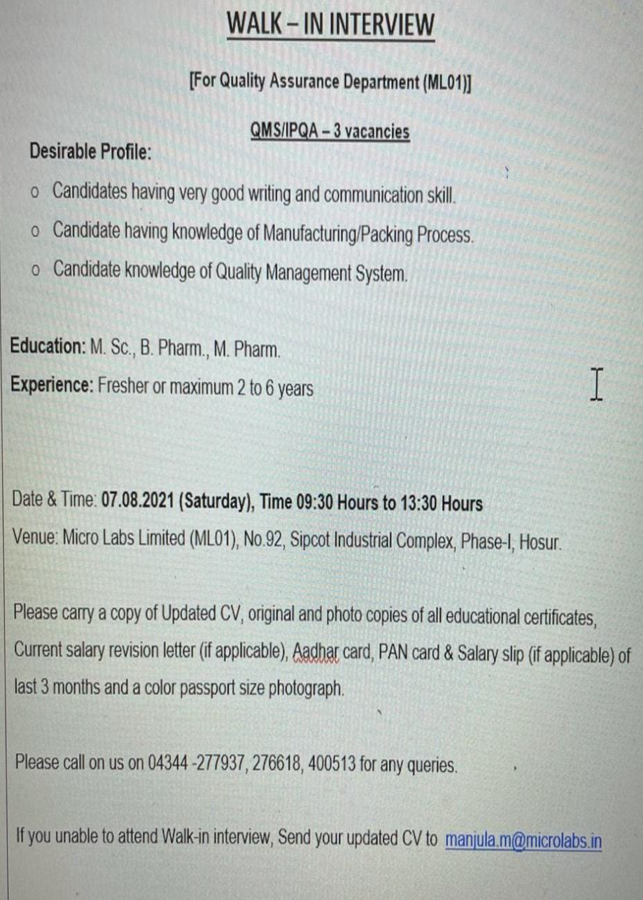 Micro Labs Limited. Walkin interviews for Freshers & Experience in