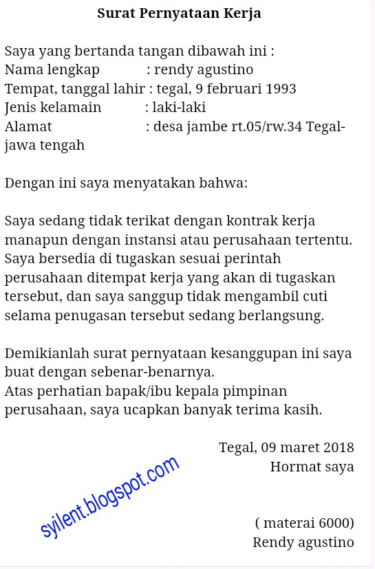 Contoh Surat Pernyataan Kesanggupan Penempatan Kerja