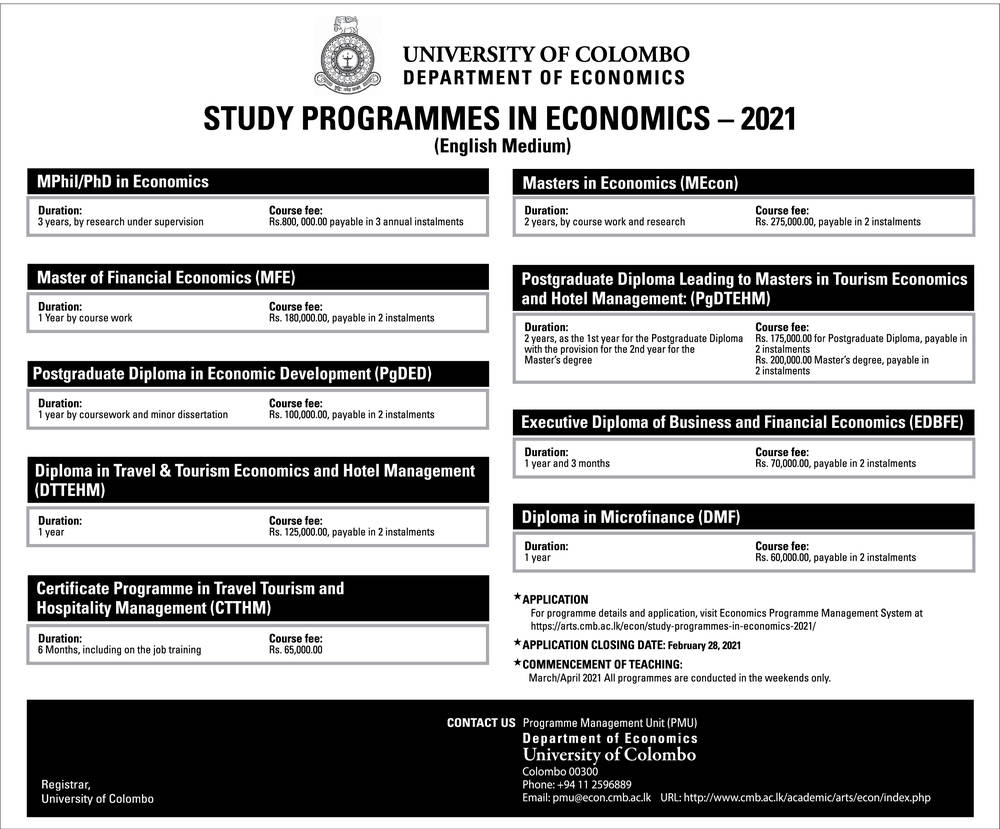 Study Programmes in Economics 2021 - University of Colombo