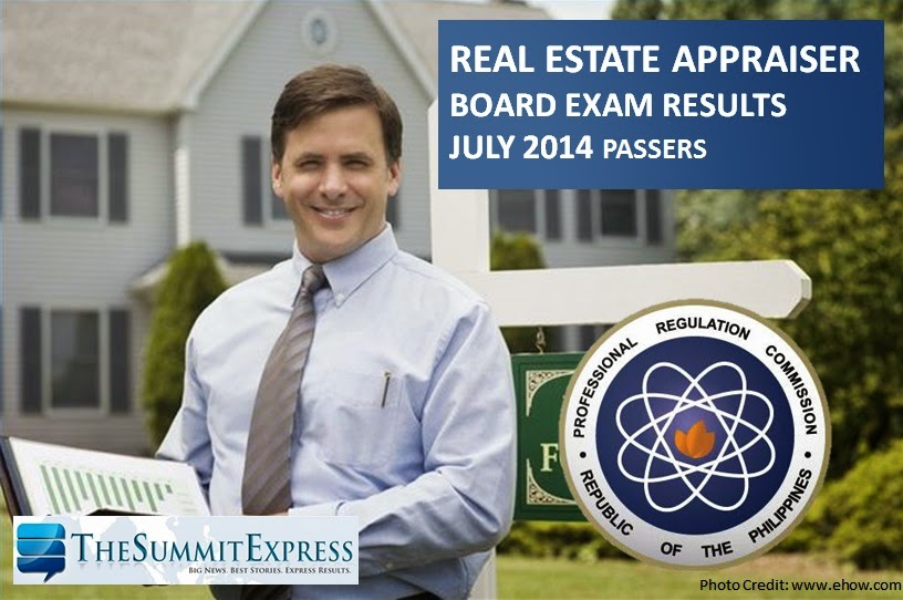 List of Passers Real Estate Appraisers board exam results (July 2014)