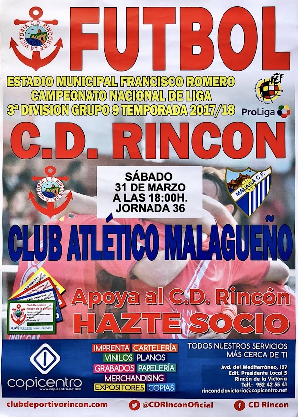 CD Rincón y Atlético Malagueño se miden este sábado (18:00)