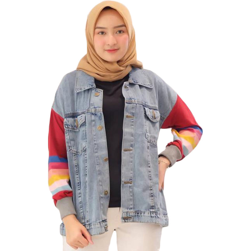 Jaket Jeans Wanita Kekinian Motif Pelangi - Marun