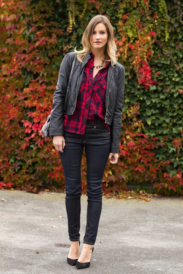 Vancouver Fashion Blogger, Alison Hutchinson, is wearing a Zara plaid top, Forever 21 leather jacket, Rag & Bone Jeans, Zara heels and a silver botkier valentina bag