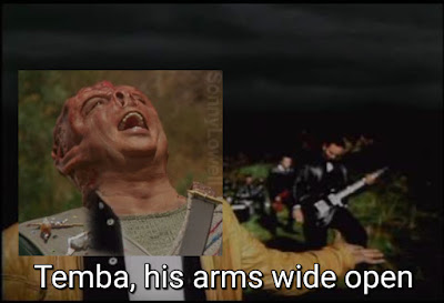 "Temba, his arms wide open" (a reference to "Darmok and Jalaad at Tanagra" from Star Trek the Next Generation). Juxtaposed into the meme is the band Creed playing "With Arms Wide Open"