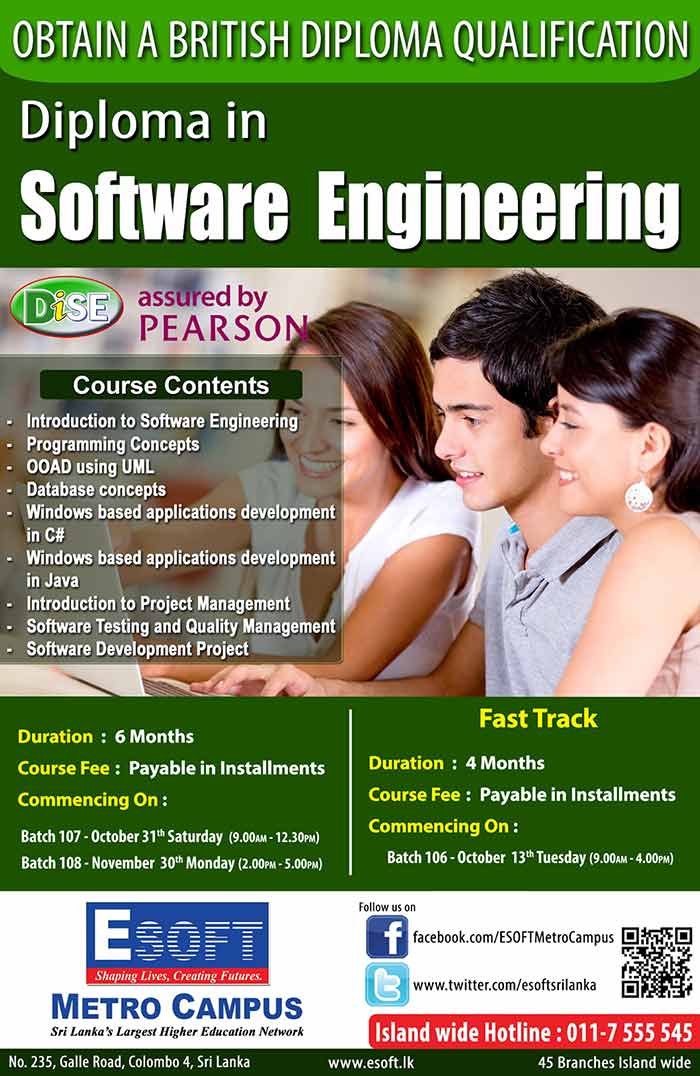 To get hands on knowledge in Software Engineering and to obtain an international diploma this is the ideal program to follow. This is the only internationally recognized diploma program in Sri Lanka (assured by Edexcel UK.) which has been specialized in software engineering field. It will provide the students the hands on knowledge of Database management, Project implementation using C#.Net and Java, etc. For freelancers in windows based application development, for undergraduates and even the school levers can get registered with this course. 
