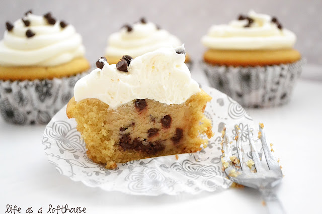 Vanilla cupcakes with a cookie dough center and a delicious, classic vanilla buttercream frosting. Life-in-the-Lofthouse.com