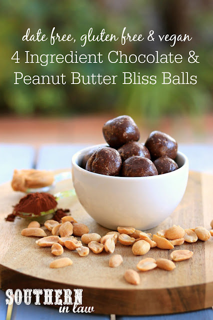 Four Ingredient Date Free Chocolate Peanut Butter Bliss Balls Recipe - one bowl, gluten free, vegan, paleo, peanut free, sugar free, healthy