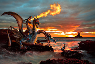 Dragones lanzando fuego en las tinieblas
