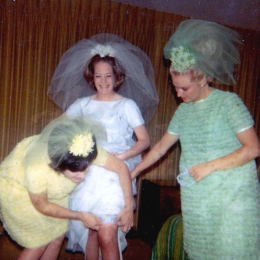 1968 wedding a 1968 wedding photograph of Bride and maids in pastels