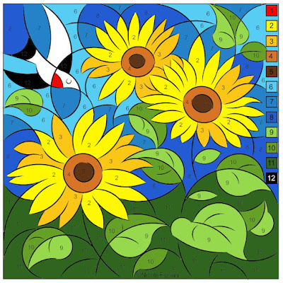Nicole's Free Coloring Pages: SWALLOWS & SUNFLOWERS * COLOR BY NUMBER