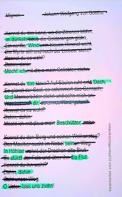 Foto des Gedicht (Text) Ausdruckes mit ausstreichen der gelöschten Worte und markierten verbliebenen Worten.