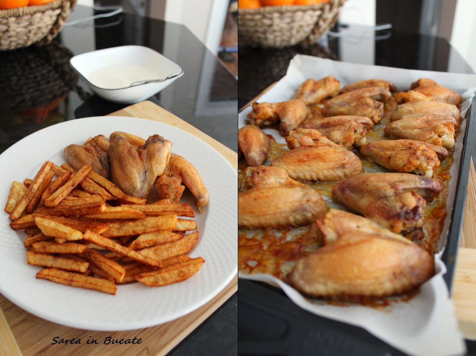 Aripioare de pui la cuptor / Baked wings and french fries ,with garlic sauce